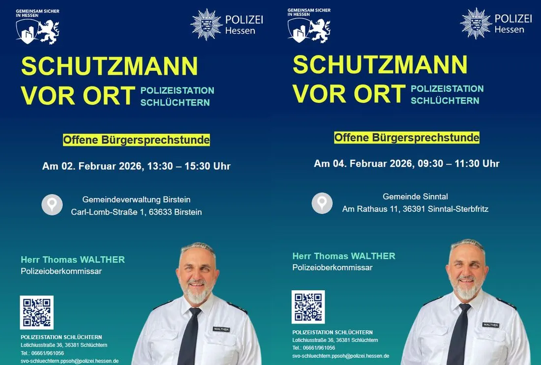 Polizeistation Schlüchtern: Bürgersprechstunden in Sinntal und Birstein