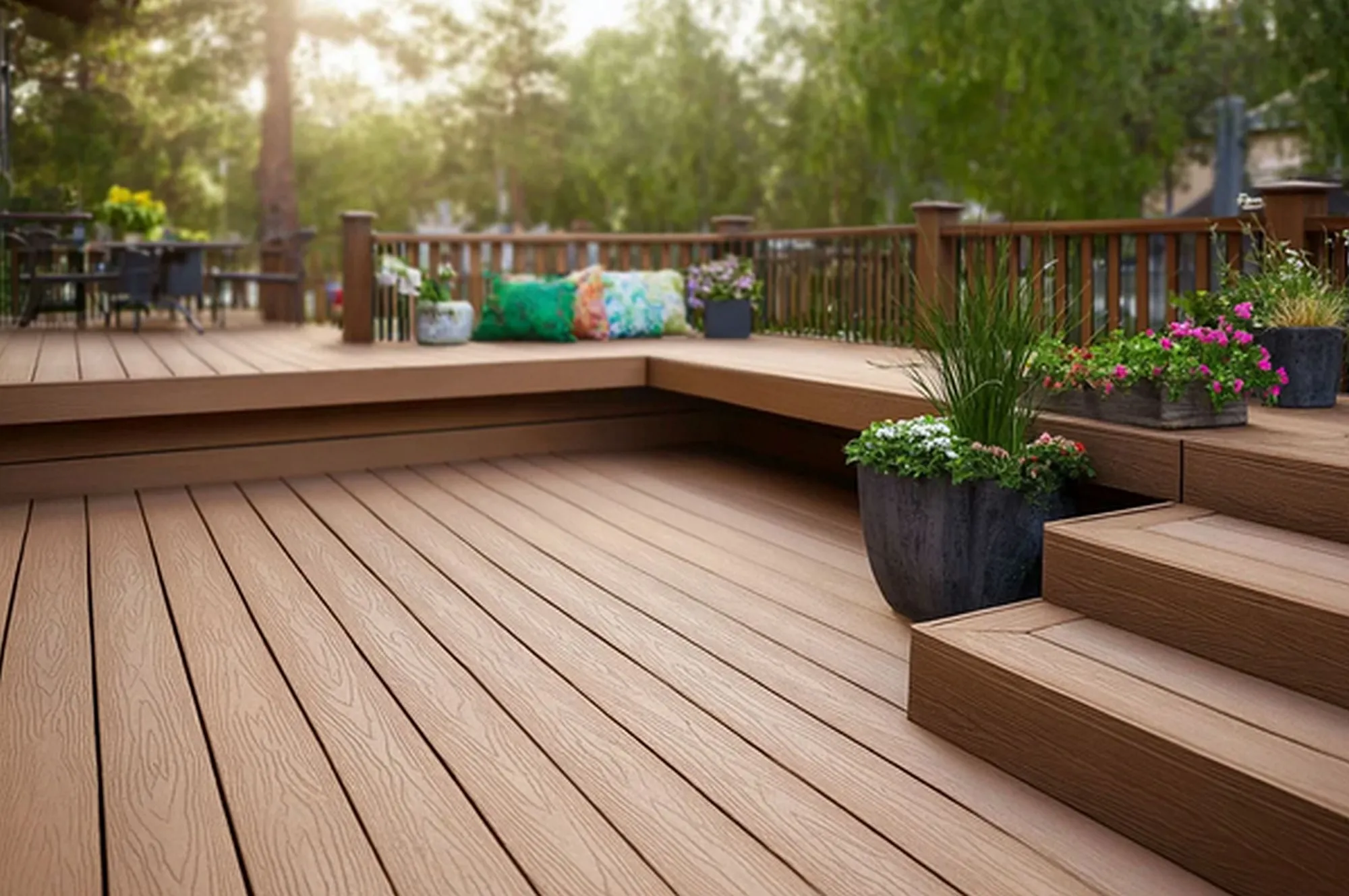 Moderne WPC Terrasse mit Treppe und Sitzbereich